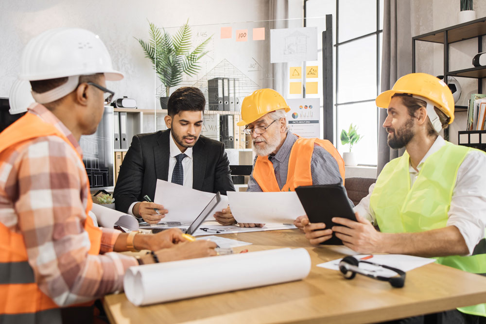 Team of construction professionals in hard hats and vests reviewing blueprints and documents around a table in a bright office space.