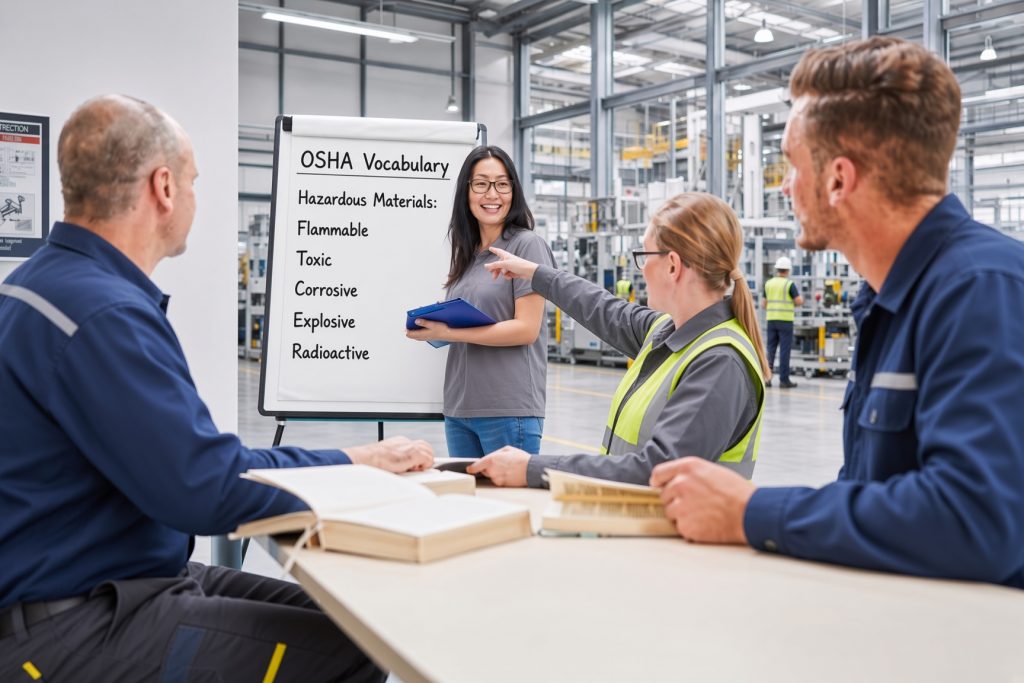 English training for manufacturing plant employees in a workplace ESL class