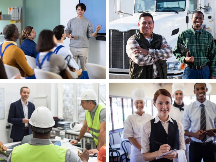 Collage of workers in diverse roles: classroom training, truck drivers, construction site meeting, and hospitality staff.