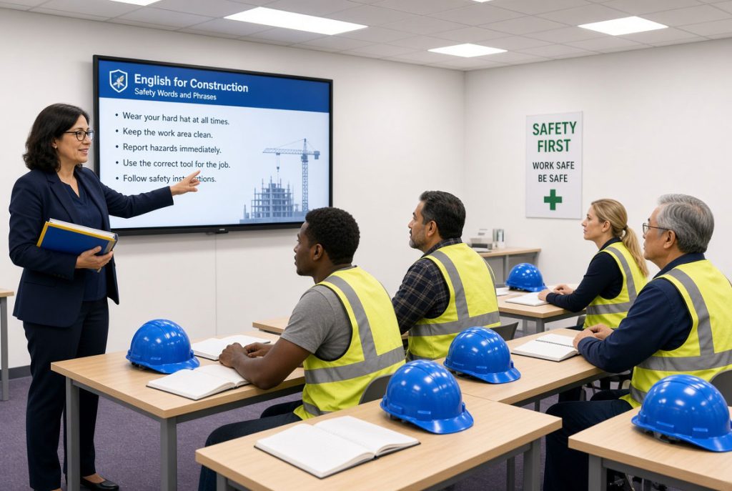In-person English language training session for construction workers wearing safety vests - Language Training Pro In-person English language training session for construction workers wearing safety vests