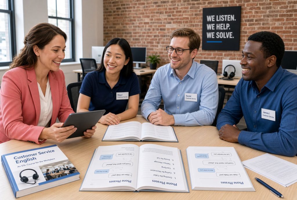 Customer service employees reviewing an English training workbook with phone phrase examples - Language Training Pro Customer service employees reviewing an English training workbook with phone phrase examples