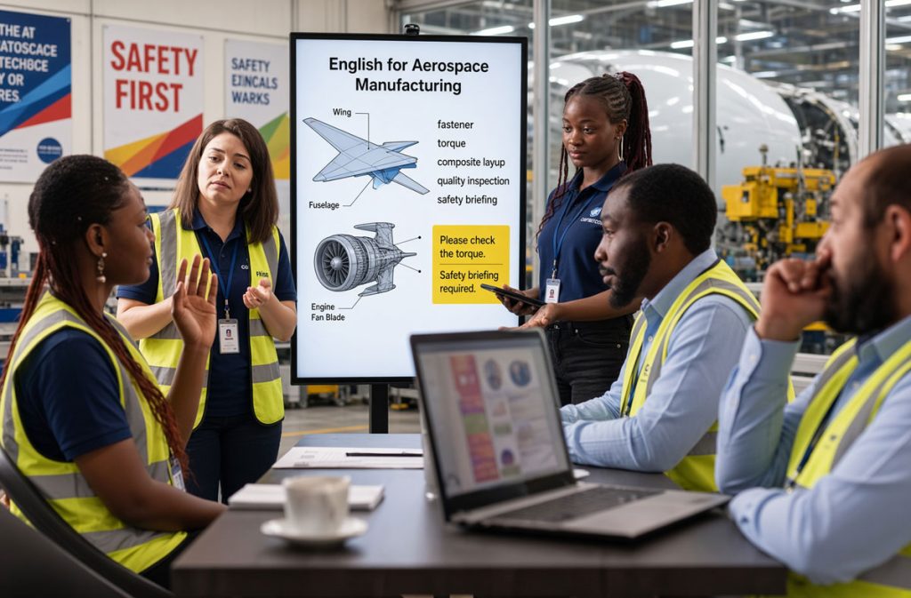 Aerospace manufacturing workers in safety vests listen to an ESL trainer looking at wing and engine diagrams in a factory setting. - Language Training Pro Aerospace manufacturing workers in safety vests listen to an ESL trainer looking at wing and engine diagrams in a factory setting.