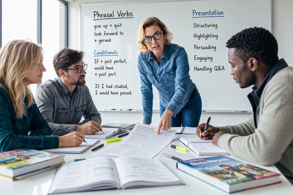 Employees are studying presentation skills in Advanced English Class - Language Training Pro Employees are studying presentation skills in Advanced English Class