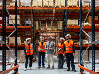 Manufacturing supervisor and warehouse team discussing operations on the plant floor, reflecting a career pathway from frontline roles to leadership.