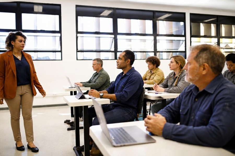 Instructor standing at the front of a classroom leading a training session for adult workers seated at desks with laptops, illustrating ESOL priority Massachusetts workforce grant training