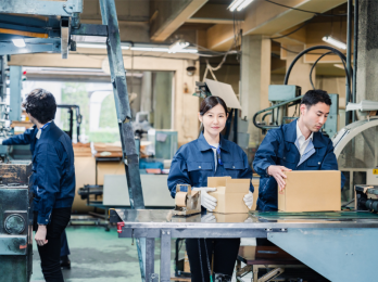 Workers in blue uniforms package cardboard boxes on a conveyor in an industrial factory setting.