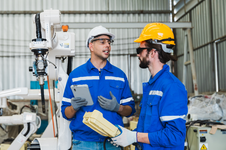 two factory workers have a conversation while wearing protective gear